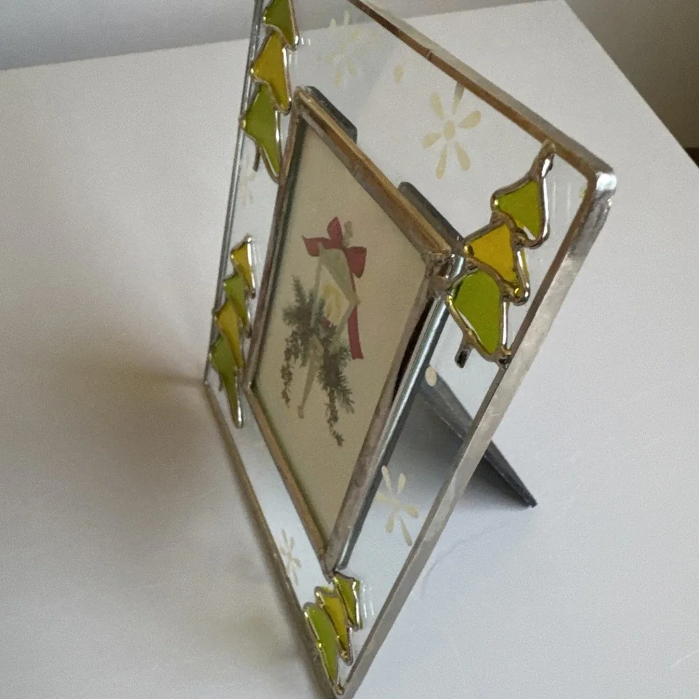 Vintage Stained Glass Christmas Tree & Snowflake 2.5x3.5 Photo Frame Metal Trim
